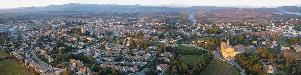 Wide aerial view of the villiage